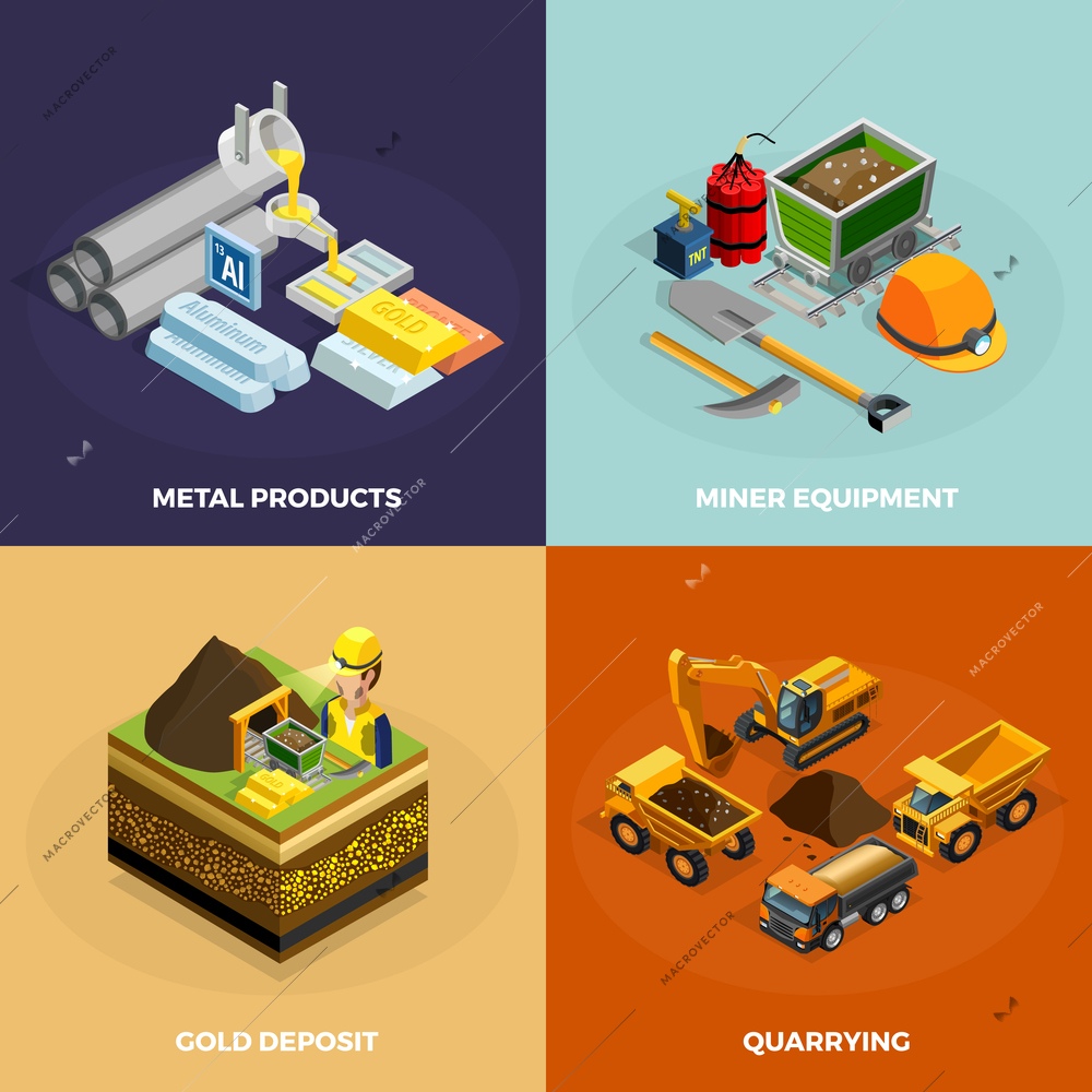 Mining concept isometric icons set with metal products symbols isolated vector illustration