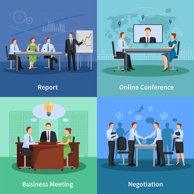 Business Meeting Concept. Conference Vector Illustration. Meeting Flat Icons Set. Conference Design Set. Business Conference Isolated Elements.