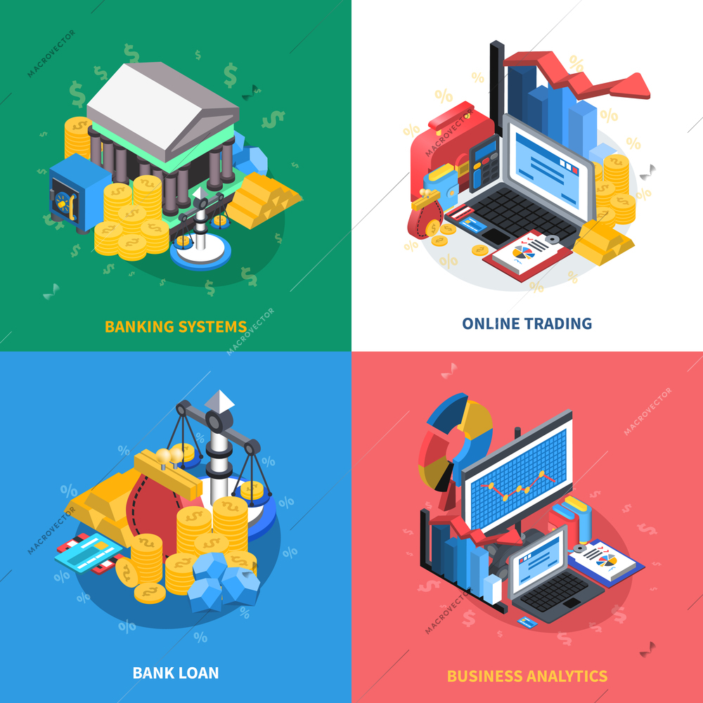 Financial analytics online trading systems with banking computer coins wallet money symbols signs 4 icons square isolated vector illustration