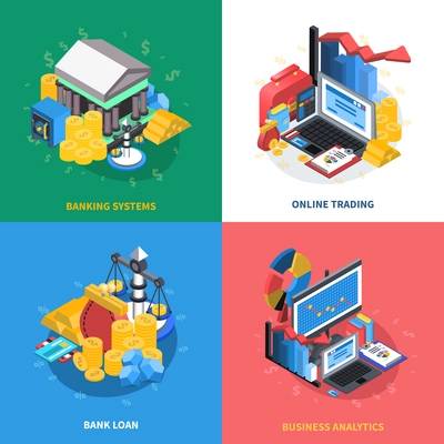 Financial analytics online trading systems with banking computer coins wallet money symbols signs 4 icons square isolated vector illustration