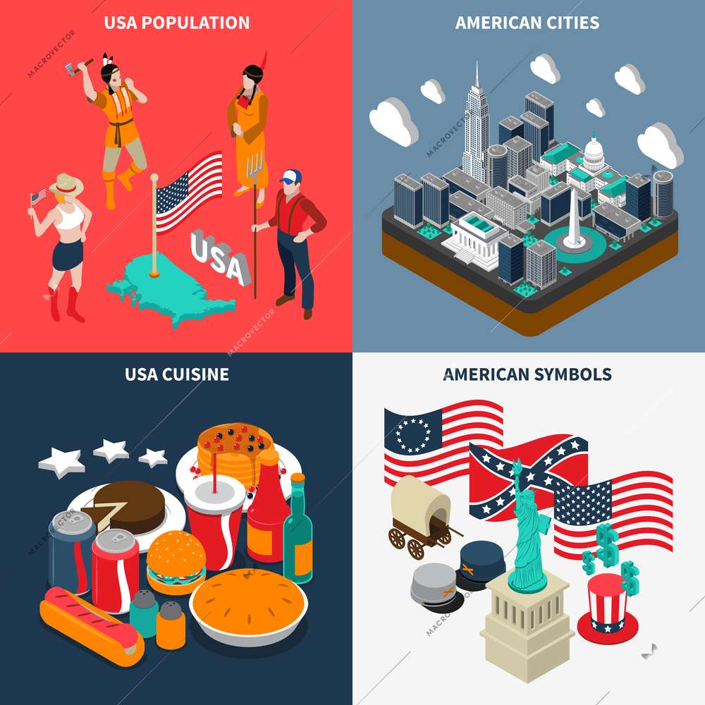 USA touristic concept icons set with cuisine and population symbols isometric isolated vector illustration