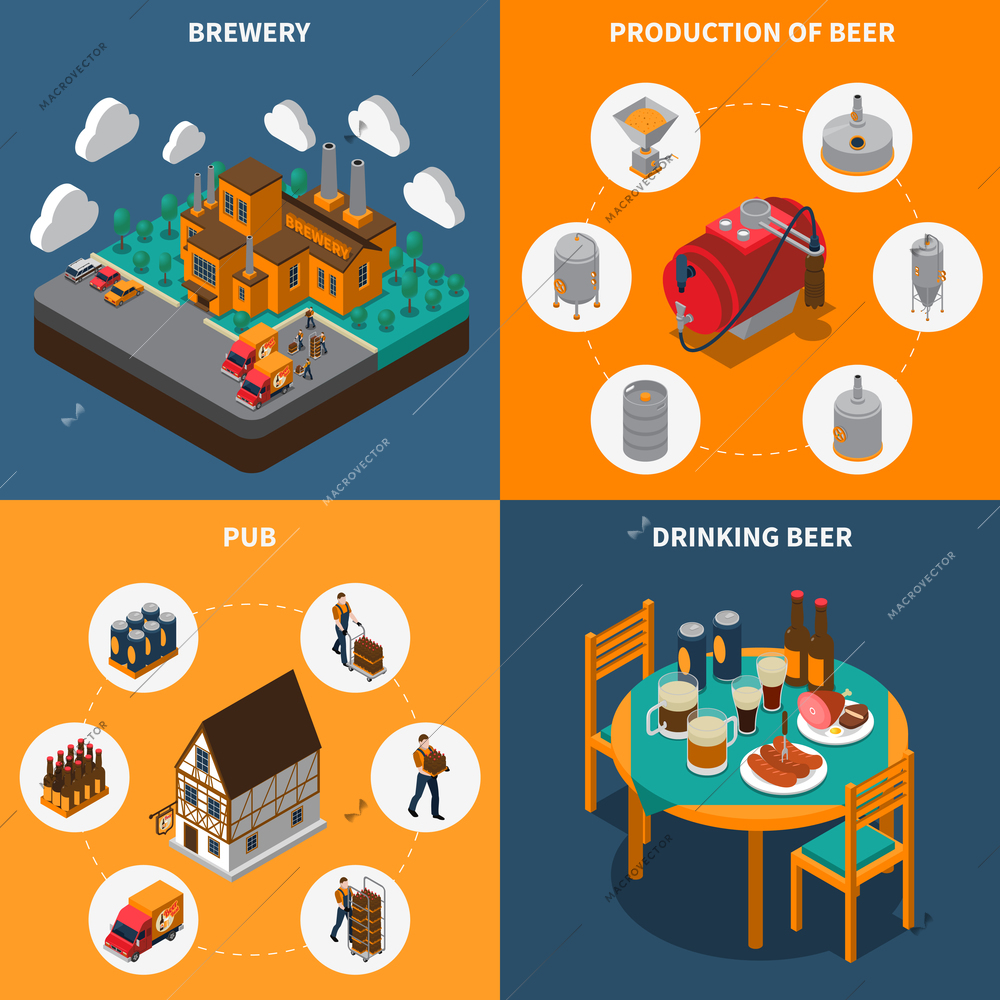 Brewery concept icons set with beer production and drinking symbols isometric isolated vector illustration