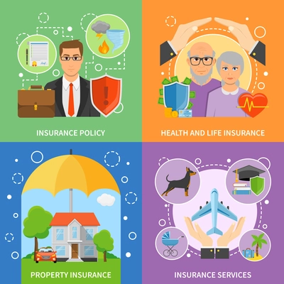 Insurance companies services flat icons square composition with life health and property protection policy abstract isolated vector illustration