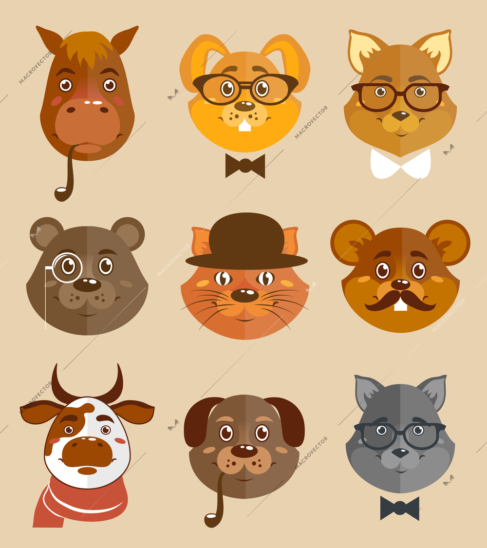 Decorative animal hipsters icons set cat horse dog and bear in hats and bow ties vector illustration.