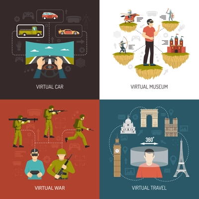 Virtual reality 2x2 design concept set of car war museum and travel VR games icons collection flat vector illustration