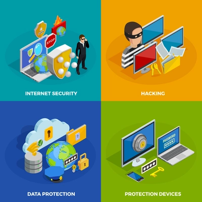 Data protection concept icons set with hacking symbols isometric isolated vector illustration