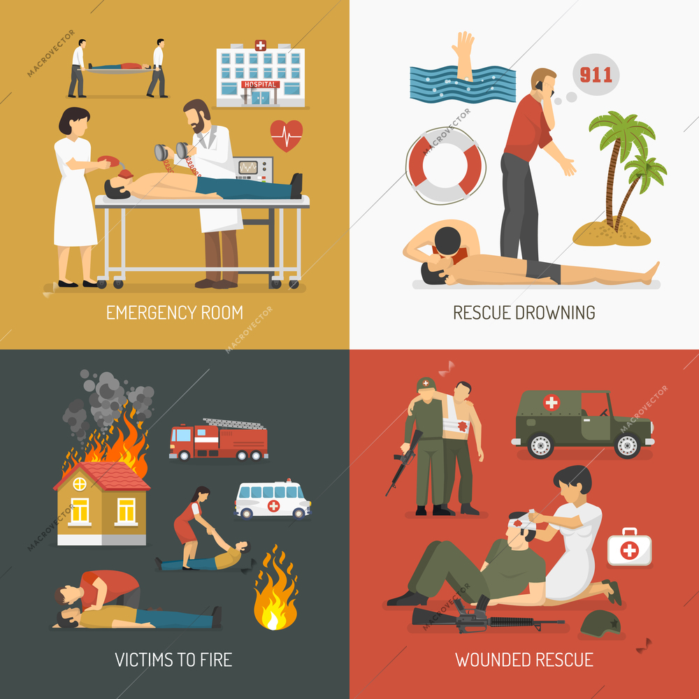 First air assistance for drowning and fire victims rescue on spot 4 flat icons square isolated vector illustration