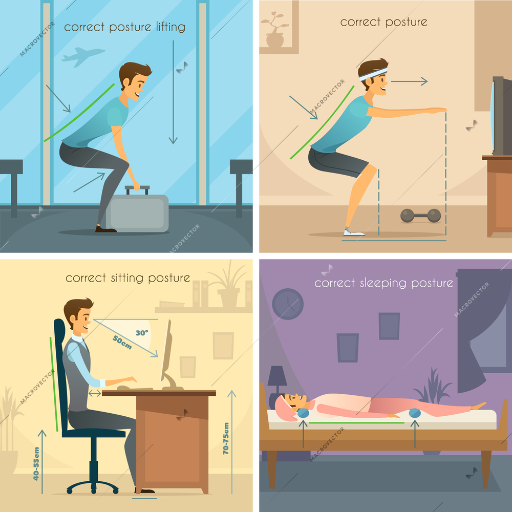 Posture 2x2 design concept set of correct lifting squats sitting and sleeping poses flat vector illustration