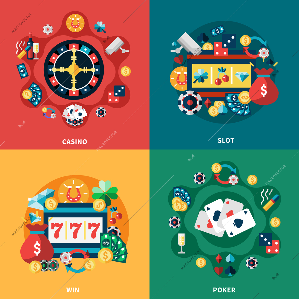 Casino games roulette slot poker 777 pockie machine 4 flat icons vector illustration