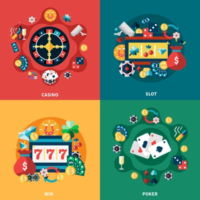 Casino games roulette slot poker 777 pockie machine 4 flat icons vector illustration