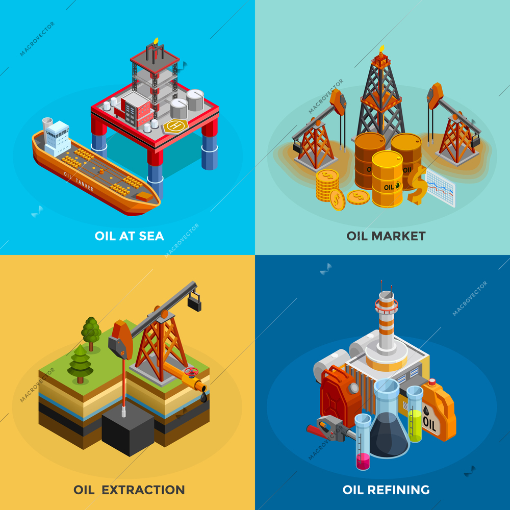 Oil industry 4 isometric icons square poster with sea platform refinery and market symbols isolated vector illustration