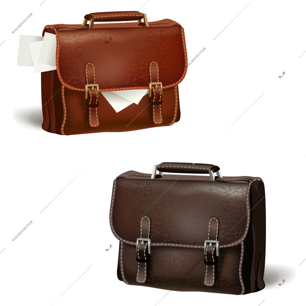 Classic modern black and brown leather textured business briefcases with documents isolated vector illustration