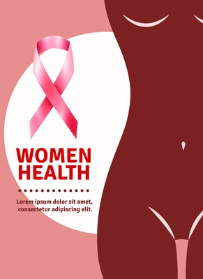 Breast cancer awareness flat poster with pink ribbon and female body vector illustration