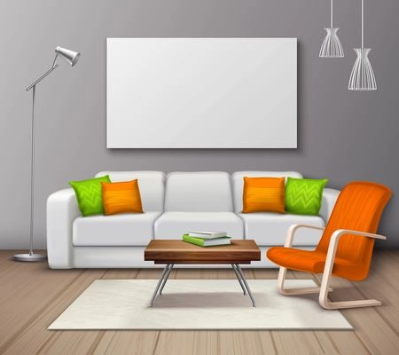 Modern interior colors choice and furniture arrangement design realistic mockup poster with decorative pillows and armchair vector illustration