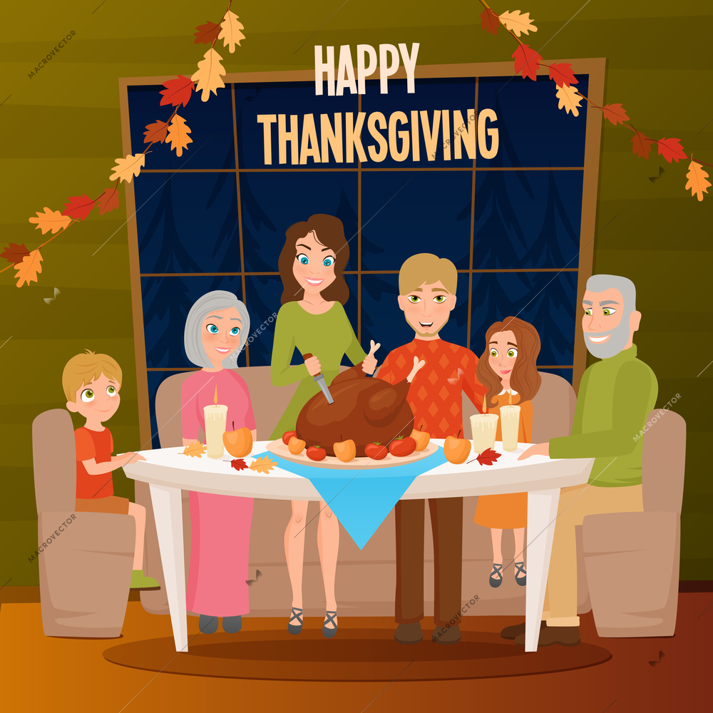 Big family at holiday dinner with turkey on table celebrating happy thanksgiving flat poster vector illustration