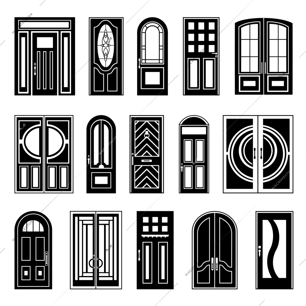 Design collection of black silhouettes front and interior doors on white background for retail sale and online shopping isolated vector illustration