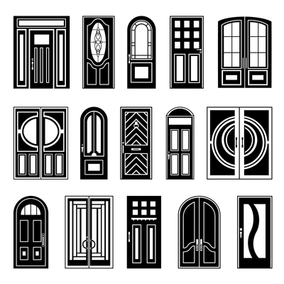 Design collection of black silhouettes front and interior doors on white background for retail sale and online shopping isolated vector illustration