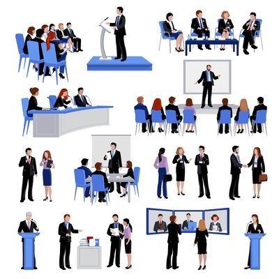 Public speaking people flat icons collection with conference meetings and workshop presentations abstract isolated vector illustration