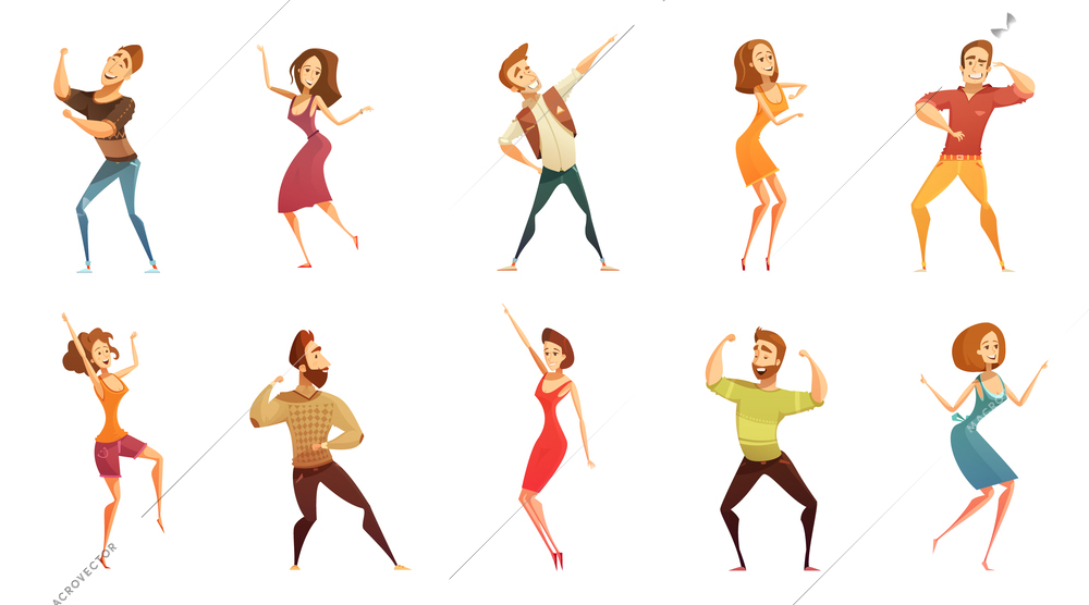 Dancing people funny cartoon style icons collection with men and women in free movement poses isolated vector illustration