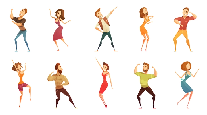 Dancing people funny cartoon style icons collection with men and women in free movement poses isolated vector illustration