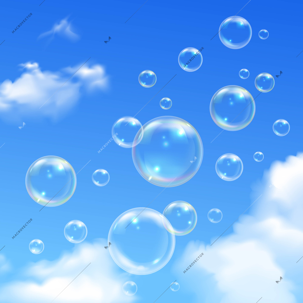 Soap bubbles soaring outdoor on sunny summer day realistic image poster with blue cloudy sky background vector illustration