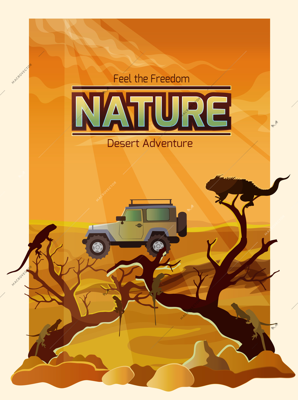 Desert landscape backround with dry plants and car on background vector illustration