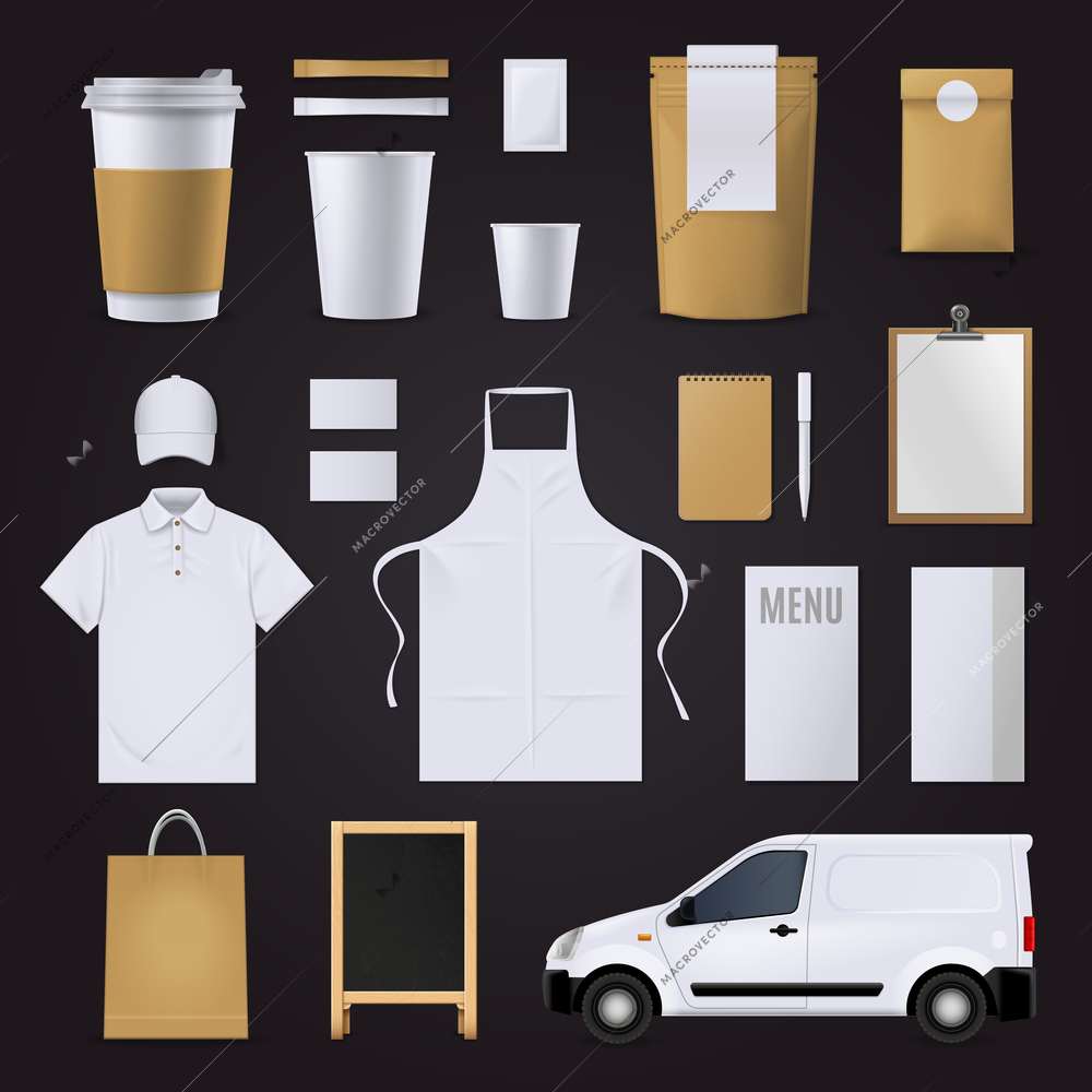 Blank coffee corporate indentity business template set in brown and white colors for cafe isolated on black background flat vector illustration