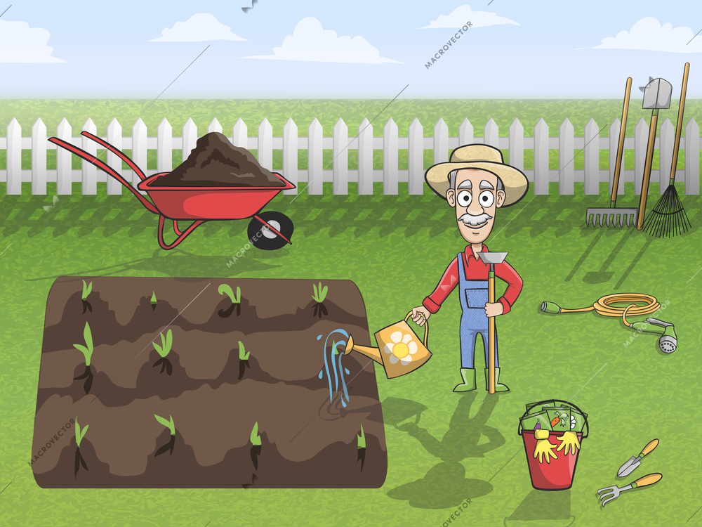 Happy gardener cartoon character in hat watering plants and soil concept poster vector illustration