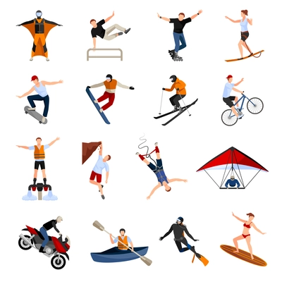 Flat design icons set with people doing various kinds of extreme sports isolated on white background vector illustration