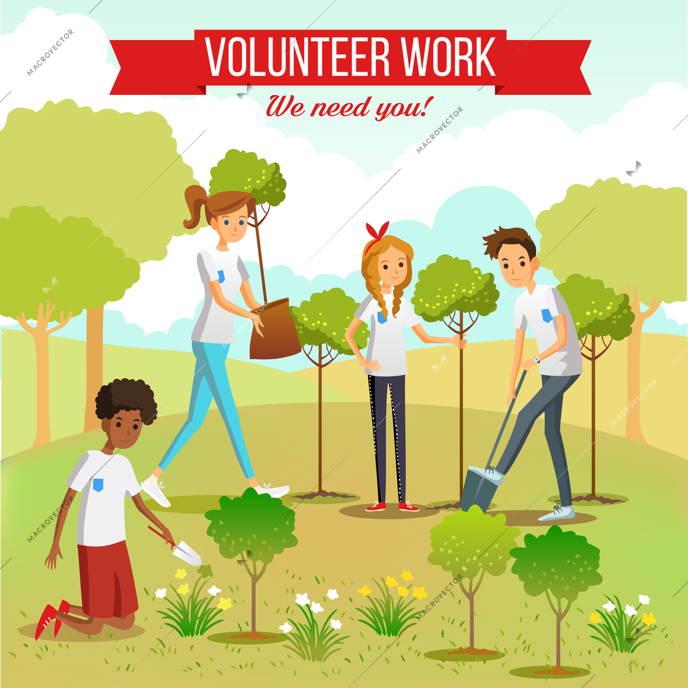 Gardening and planting seedlings  in the park by volunteer boys and girls group flat vector illustration