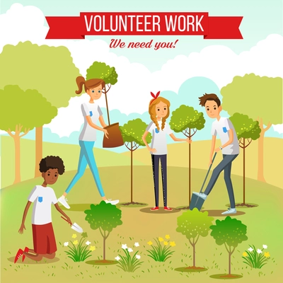 Gardening and planting seedlings  in the park by volunteer boys and girls group flat vector illustration