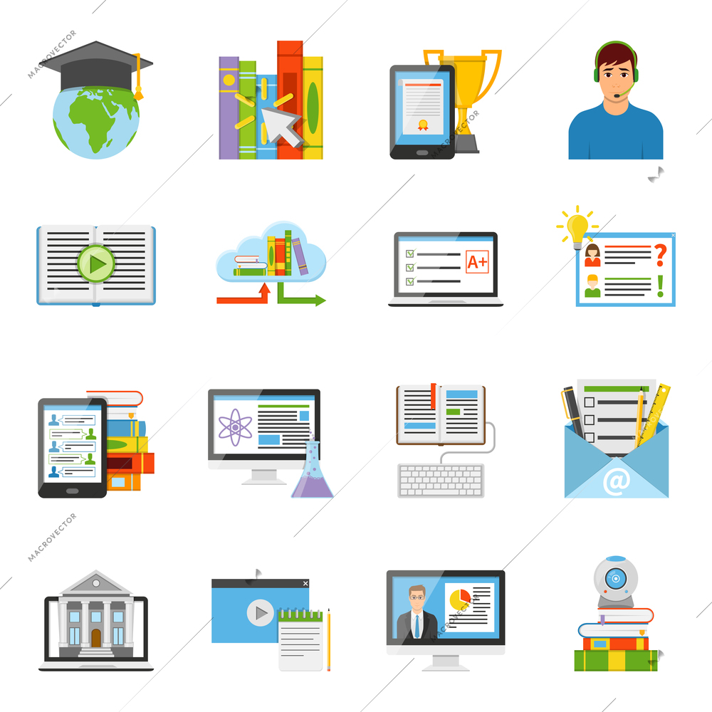 Online education e-learning it electronic technology flat icons collection with internationally recognized diploma isolated vector illustration