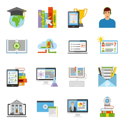 Online education e-learning it electronic technology flat icons collection with internationally recognized diploma isolated vector illustration