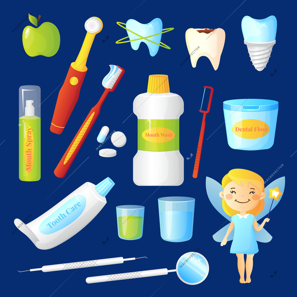 Teeth care set with dentist and health symbols on blue background flat isolated vector illustration