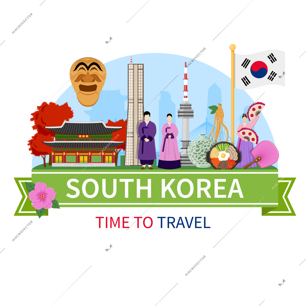 South korea national cultural symbols sightseeing places of interest for tourists flat composition advertisement poster vector illustration
