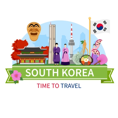 South korea national cultural symbols sightseeing places of interest for tourists flat composition advertisement poster vector illustration