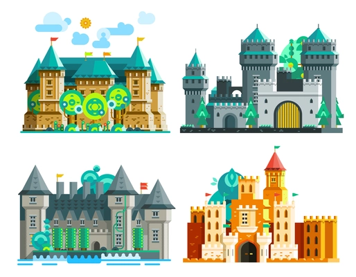 Colorful castles set of medieval era with towers and domes in flat style isolated vector illustration