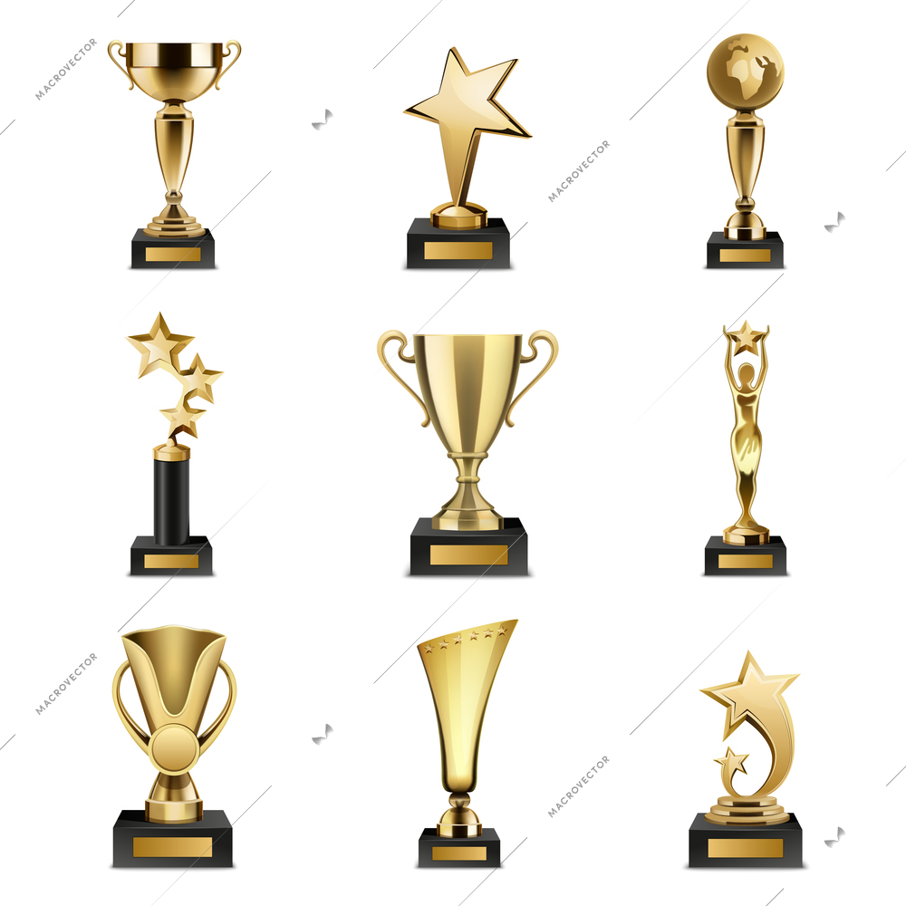 Beautiful golden trophy cups and awards of different shape realistic set isolated on white background vector illustration