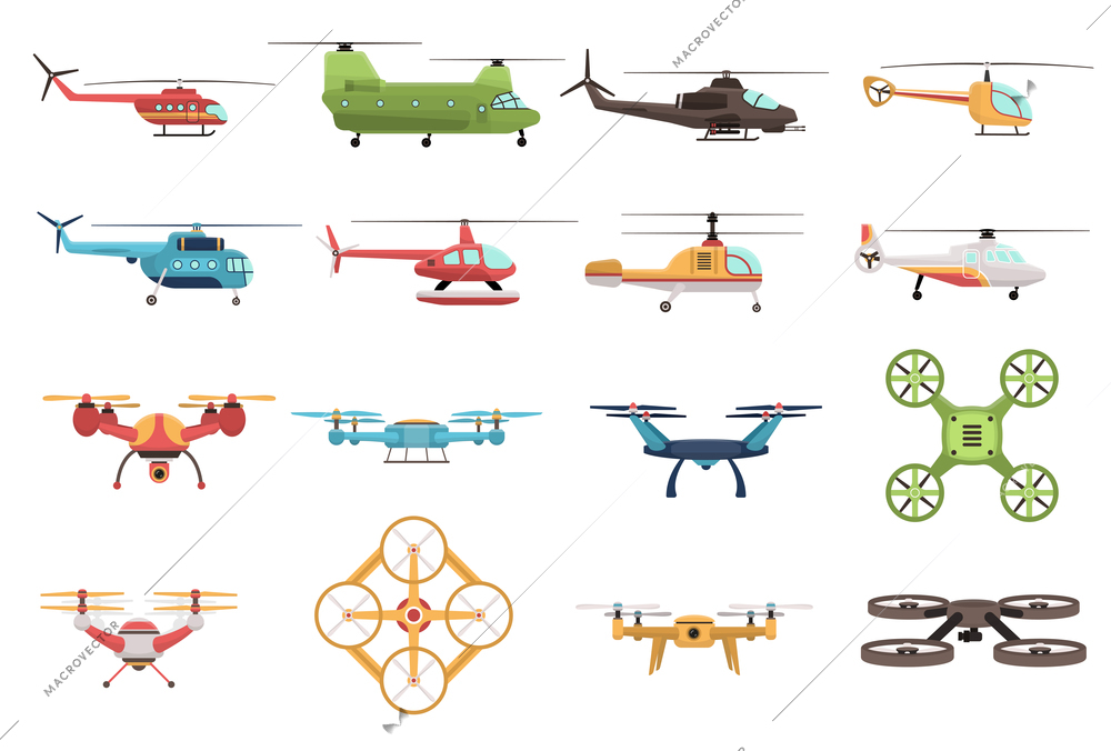Colored icons set of military and civilian helicopters and various modifications of drone on white background isolated vector illustration