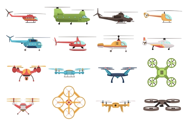 Colored icons set of military and civilian helicopters and various modifications of drone on white background isolated vector illustration