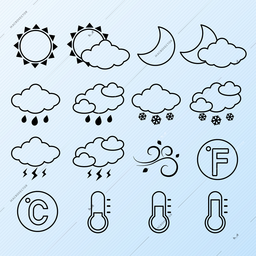 Weather forecast symbols contour pictograms set of clear stormy and snowy sky vector illustration