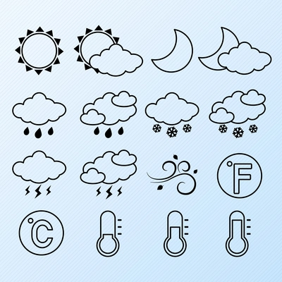 Weather forecast symbols contour pictograms set of clear stormy and snowy sky vector illustration