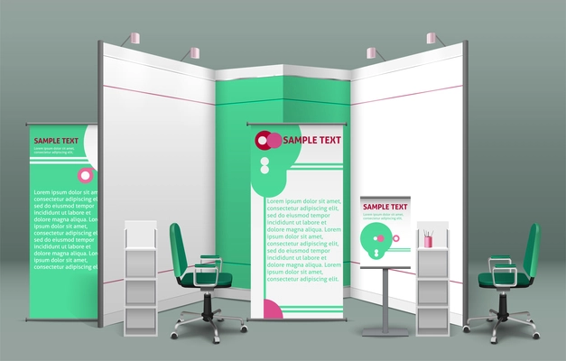 Exhibition stand concept with billboards shelves booths displays and chairs in the same style isolated vector illustration