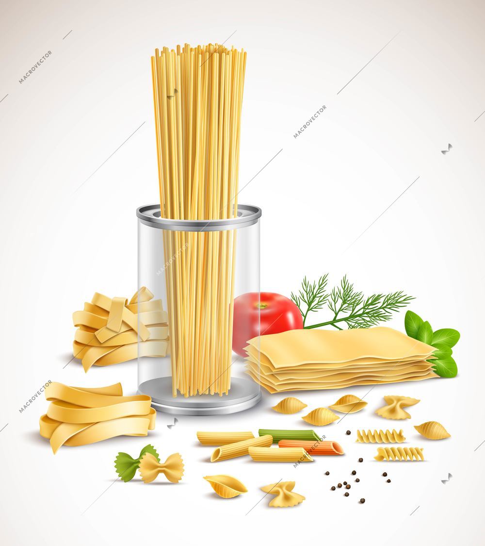 Dry pasta assortment With basil leaves tomato dill and black pepper ingredients realistic composition poster vector illustration