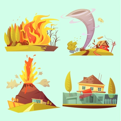 Natural disaster retro cartoon 2x2 icons set with fire flood volcanic eruption and tornado flat isolated vector illustration