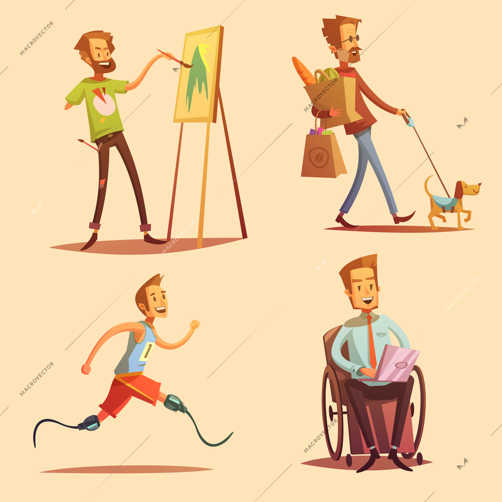Disabled people leading happy life retro cartoon 2x2 flat icons set isolated vector illustration