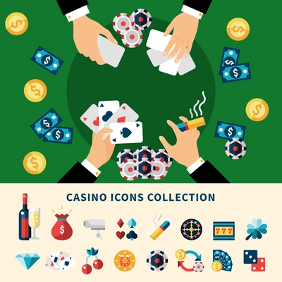 Casino icons flat composition with coins chips dice money cards cherry diamond clover vector illustration