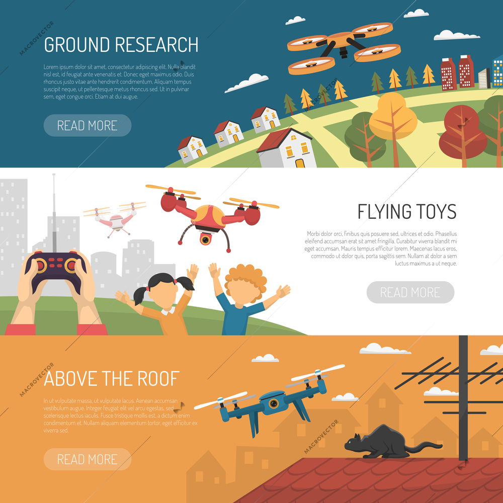 Three horizontal banners about use of drone with ground research and flying toys flat vector illustration