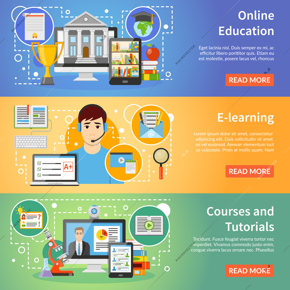 Online education information 3 flat horizontal banners set webpage design with read more button isolated vector illustration