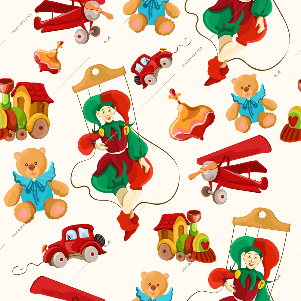 Decorative retro baby toys sketch seamless pattern of airplane peg top teddy bear puppet vector illustration